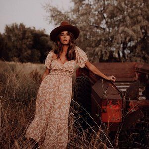 Free People Floral Midi Dress in Brown and Cream